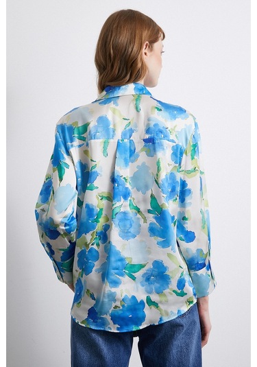 Çok Renkli Çiçek Desenli Gömlek Lacivert Lacivert