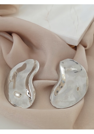 Dalgalı Plaka Model Tasarım Gümüş Renk Küpe Silver
