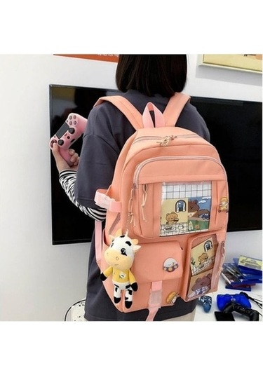 Aubyhe Kız Çocukları İçin Hafif Okul Çantası, Büyük Kapasiteli Çift Omuzlu Çanta, Pembe Dörtlü Set Ve Aksesuar Dahil Pembe