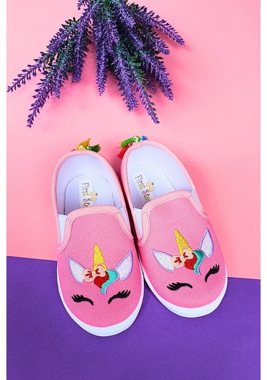 Unicorn Nakışlı Çocuk Keten Babet Ayakkabı-pembe-f-492 Pembe