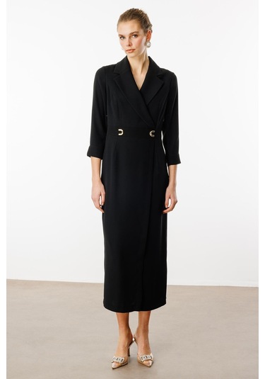 Moda İlgi Kadın Beli Aksesuarlı Cepli Kruvaze Elbise 6626 Siyah Siyah