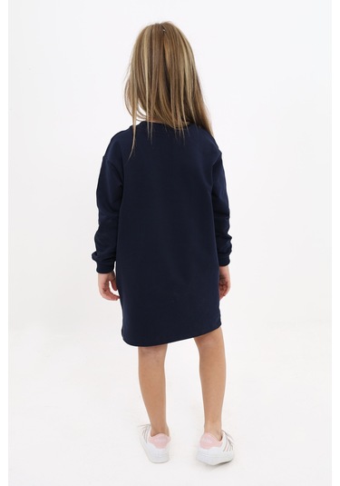 Toontoy Kız Çocuk Bisiklet Yaka Baskılı Elbise Lacivert