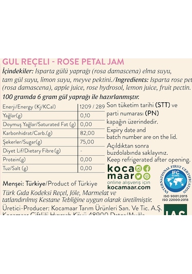 Kocamaar Çiftliği Gül Reçeli Rafine Şeker İlavesiz 280 G