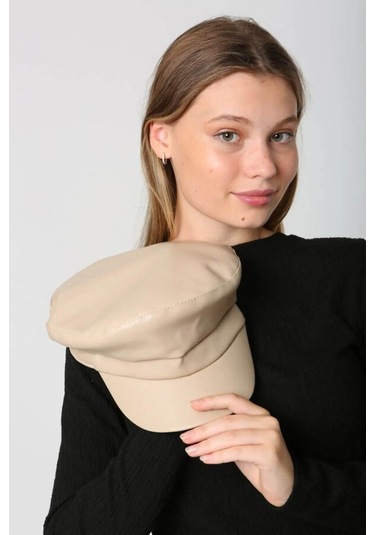 Kadın Deri Kaptan Denizci Şapka Rkş-09 Bej Bej