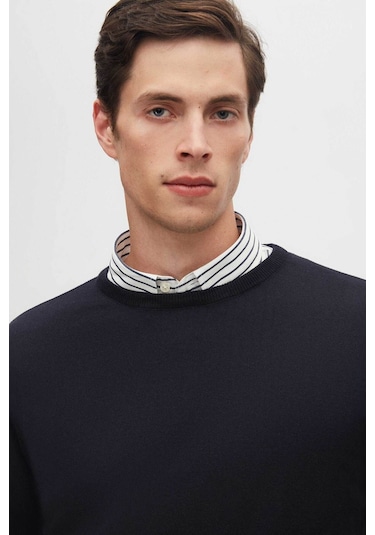 Regular Fit Lacivert Tüylenme Yapmayan Bisiklet Yaka Triko Kazak Lacivert