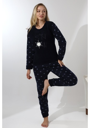 Fawn 5020 Peluş Welsoft Polar Kışlık Yumoş Kadın Pijama Takımı Lacivert