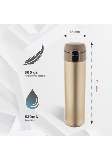 Lunetherm Sızdırmaz Vakumlu Çıft Katmanlı Mug Çelik Termos - Gold Altın