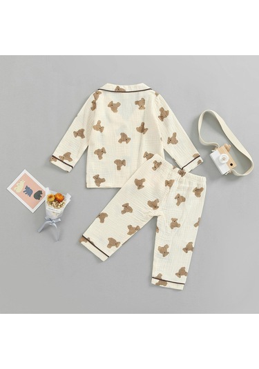 Çocuklar Unisex Günlük Pijama Takımı, Ayı Baskılı Uzun Kollu Ön Cep Yaka Üstleri + Baskılı Uzun Pantolon