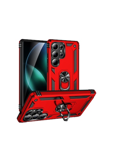 Samsung Galaxy Uyumlu S25 Ultra Kılıf Sofya Yüzüklü Standlı Zırhlı Korumalı Silikon Kılıf Kirmizi