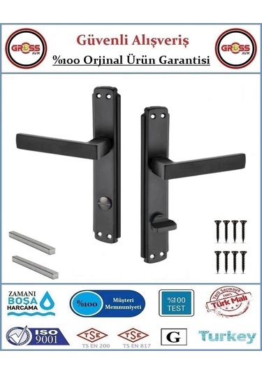 Kare Wc Banyo Kapı Kolu - Mat Siyah - 1 Takım Ön Ve Arka - Sol