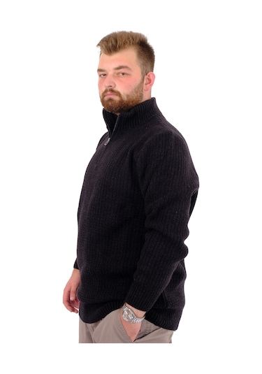 Mode Xl Büyük Beden Erkek Triko Kazak Yarım Fermuarlı Dik Yaka 24209 Siyah Siyah