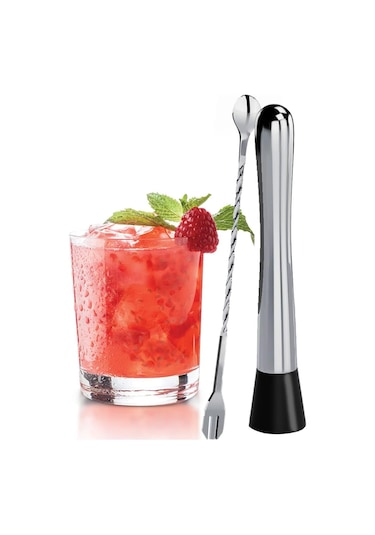Vkemall 10 İnç Paslanmaz Çelik Kokteyl Muddler Ve Uzun Saplı Karıştırma Kaşığı - Mojito Ve Meyve İçecekleri İçin Bar Aksesuarı Seti Gümüş