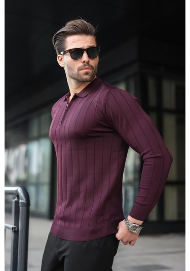 Bordo Polo Yaka Fermuarlı Örme Kazak 7242 Bordo