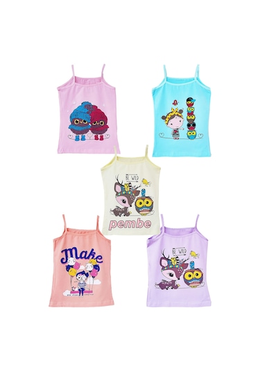 5li Kız Çocuk İp Askılı Atlet Pamuklu Baskılı Rengarenk Kaliteli