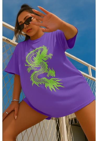 Ejderha Baskılı Oversize T-shirt Mor