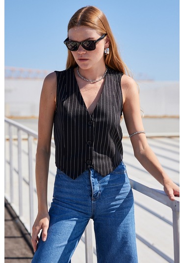 Bigdart 6794 Çizgili Dokuma Yelek - Siyah 001