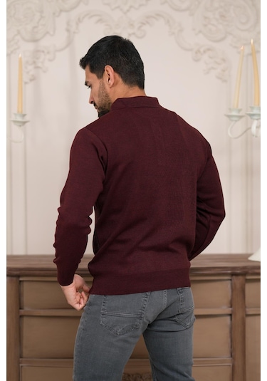 Woolen World Polo Yaka Armürlü Yünlü Erkek Triko Kazak Bordo