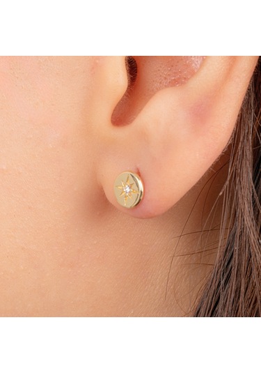 Altın Küpe - 14 Ayar Altın Kutup Yıldızı Taşlı Küpe Sarı