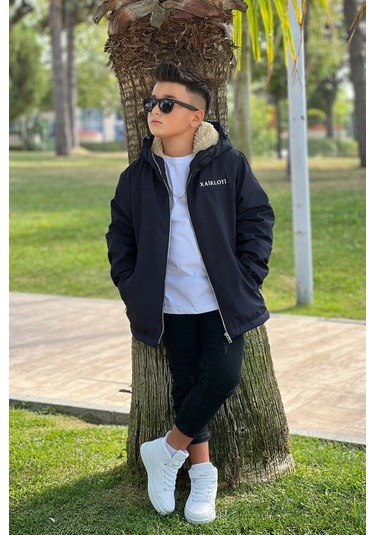 Erkek Çocuk Sabit Kapüşonlu Metal Armalı İçi Kürklü Mont Km3987 Siyah