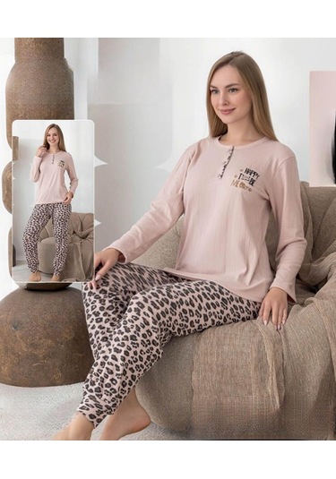 Lindros Kadın Pamuk'lu Düğme Yaka Raporlu İnterlok Kışlık Pijama Takımı 0248 - 1 Adet Bej