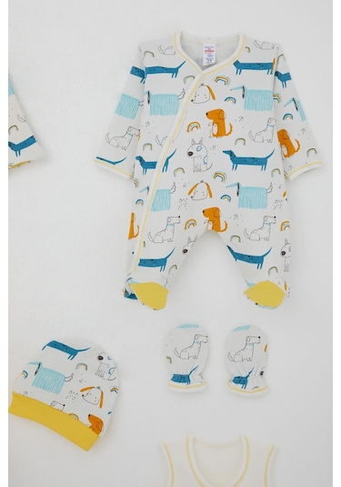 Breeze Erkek Bebek Hastane Çıkışı 8 Li Sevimli Köpekçikler Desenli 0-3 Ay, Ekru Ekru