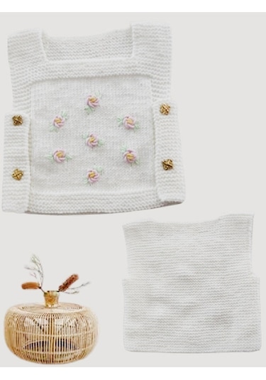 Kırmızı El Örgü Sıfır Kollu Bebek Yeleği Pembe Çiçekli Beyaz