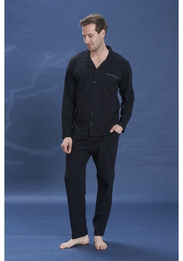 Erkek Penye Uzun Kol Pijama Takımı 2142 Siyah01 Siyah