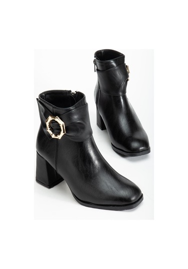 Siyah Kadın Kalın Topuklu Bot Yan Fiyonk Aksesuarlı Küt Burun-4279 Siyah