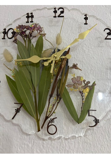 Pelince - Zakkum Çiçekli Ve Tavşan Kuyruğu Bitkisi - Epoksi Duvar Saati - Özel Tasarım - Tek Üretim - 30 Cm Şeffaf