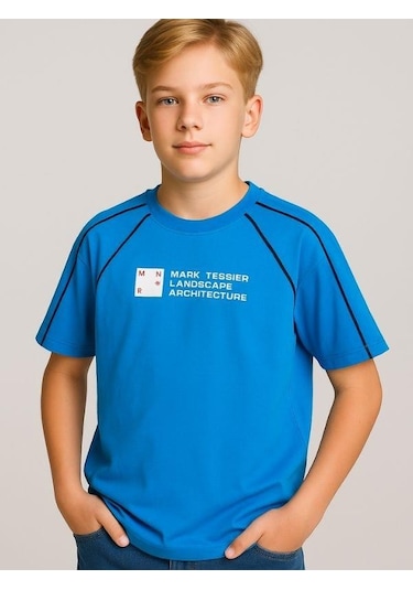 Çocuk Mark Yazılı Oversize Tasarım T-shirt-15956 Mavi