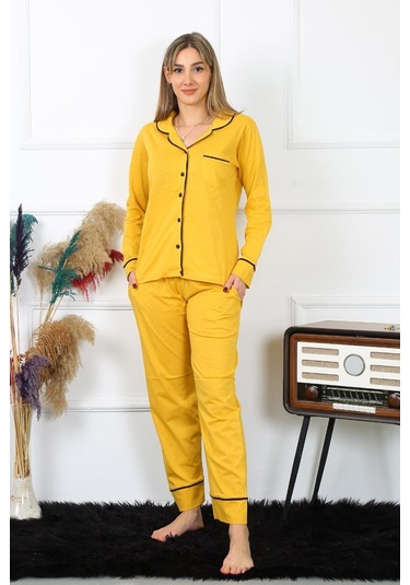 Akbeniz Kadın Pamuk Penye Önden Düğmeli Uzun Kol Sarı Pijama Takım 2782-sarı Sarı