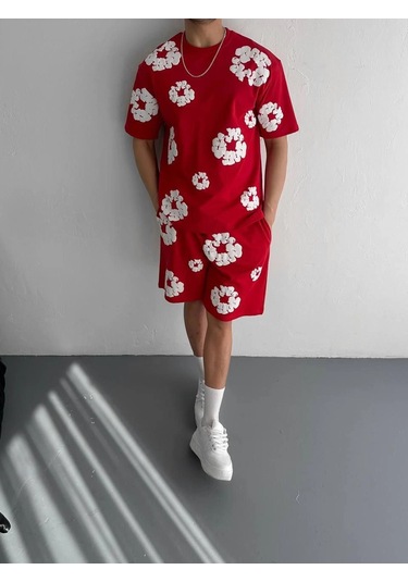 İki İplik Kumaş Baskılı T-shirt Şortlu Takım- Kırmızı Çok Renkli