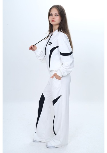 Kız Çocuk %100 Pamuk Garnili Kapüşonlu Fermuarlı Oversize Alt&üst Trend Eşofman Takımı-315-eşt-0003 Ekru