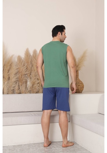 Seboteks %100 Pamuklu Kolsuz Cepli Erkek Şortlu Pijama Takımı 2011 Yeşil