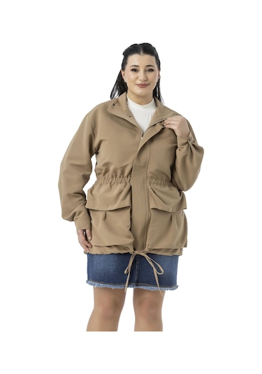 Büyük Beden Çıtçıt Ve Fermuar Kapamalı Beli Büzgülü Astarlı Vizon Trençkot Vizon