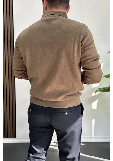 Erkek Düğmeli Polo Yaka Kazak Kahverengi Edw231 Kahverengi