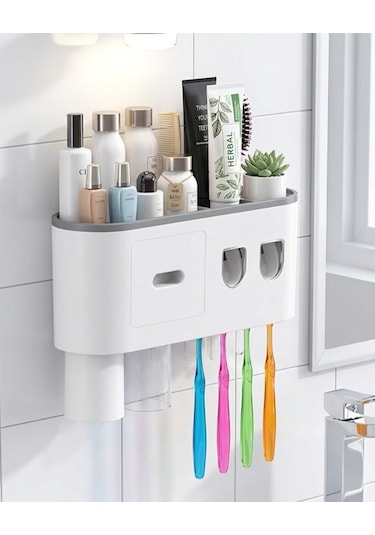 Banyo Organizer Diş Fırçası Tutucu Çift Dispenserli Raflı Çekmeceli