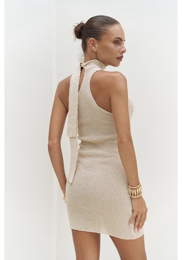 Budah Asimetrik Triko Bej Mini Elbise Bej