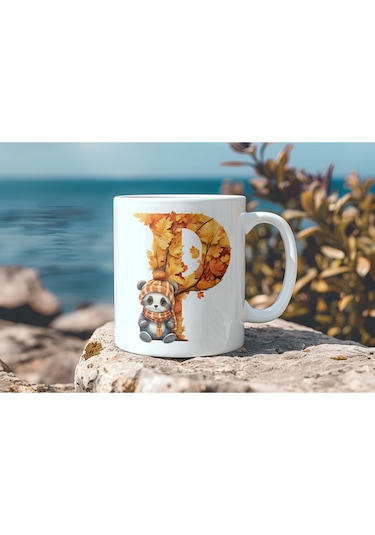 P Harf Sonbahar Yaprak Temalı Kupa Bardak - Sevimli Figürler İle Alfabe Harfli Bardak - Kişiye Özel Beyaz