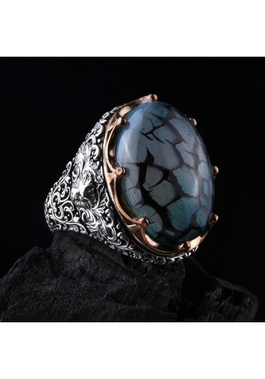 925 Ayar Gümüş Damarlı Yemen Akik Taşlı El İşçiliği Erkek Yüzük Silver