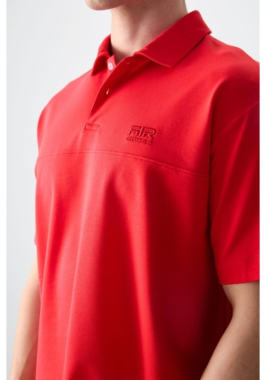 Tommy Life Fiesta Pamuklu Kalın Yumuşak Dokulu Polo Yaka Oversize Fit Basic Erkek T- Shirt - 88382 Kirmizi