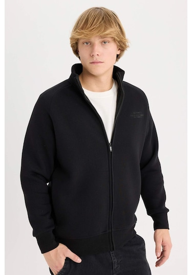 DeFacto Boxy Fit Dik Yaka Baskılı İçi Yumuşak Tüylü Hırka E1367AX25SPBK81