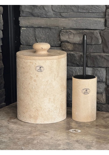 Yeni Traverten Doğaltaş Kendinden Kulplu 2 Li Banyo Takımı Büyük Çöp Kovalı 26x20 Beyaz