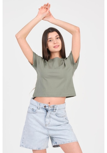 As Collection Yeşil Bisiklet Yaka Kısa Kol Örme Kadın Crop Yeşil