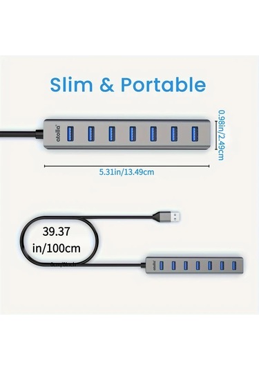 Xuweiwei 7 Port Usb Hub 3 0 3 3ft Kablolu Aluminyum Kasa Aluminum Shell Pc Laptop Cihazlar Icin Coklu Port Adaptor