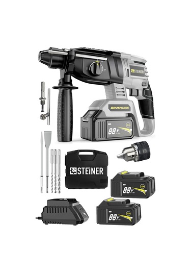 Steiner 88V 5Ah Çift Akülü Darbeli Kırıcı Delici Matkap Gri + Mandren + 5 Parça Uç