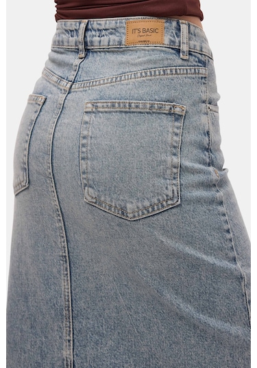 Itsbasic Kadın Kot Renk 4s6-32 Maxi Komfort Kumaş Arkadan Yırtmaçlı Denim Etek