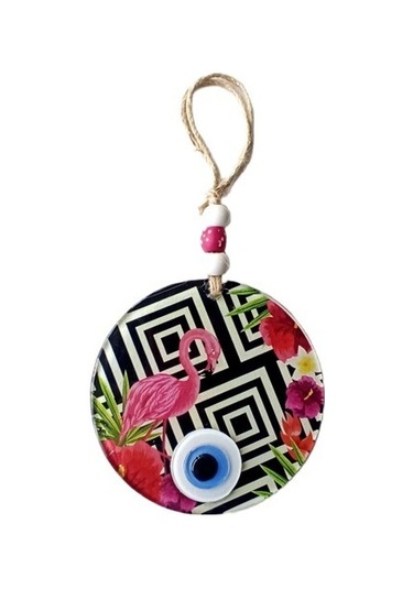 Pembe Flamingolu Çiçekli Nazar Boncuklu 15 Santimetre Çapında Duvar Süsü - 90157466969131000f