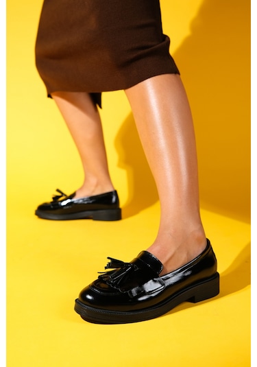 Milina Siyah Rugan Püsküllü Hakiki Deri Kadın Loafer Ayakkabı Siyah