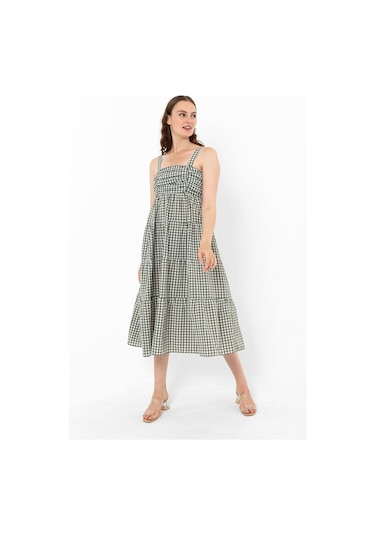Askılı Pötikare Desenli Yazlık Midi Boy Kadın Elbise 1300